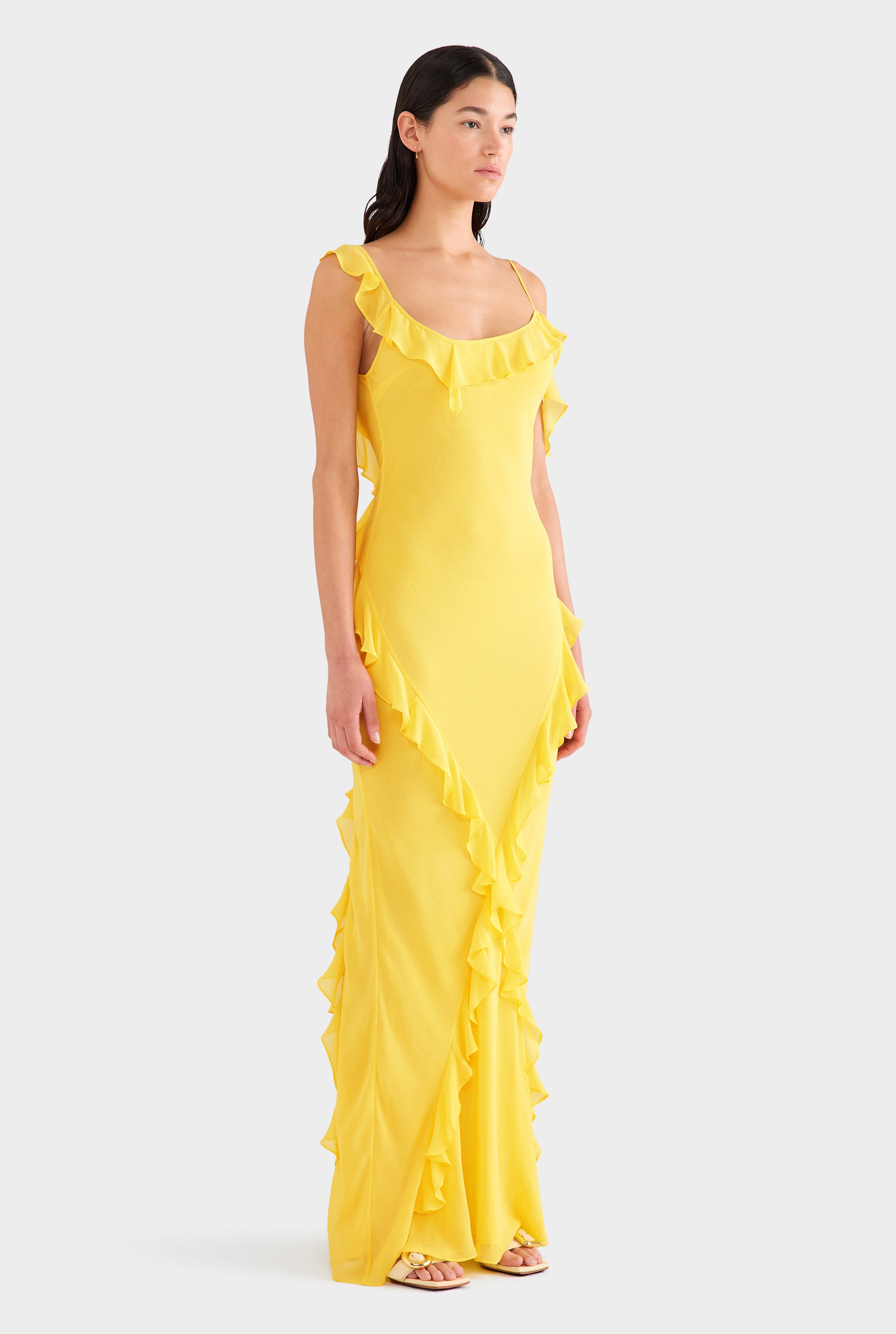 Asymmetric Low Back Silk Ruffle Dress - Yellow Gold