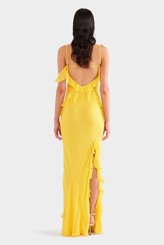 Asymmetric Low Back Silk Ruffle Dress - Yellow Gold