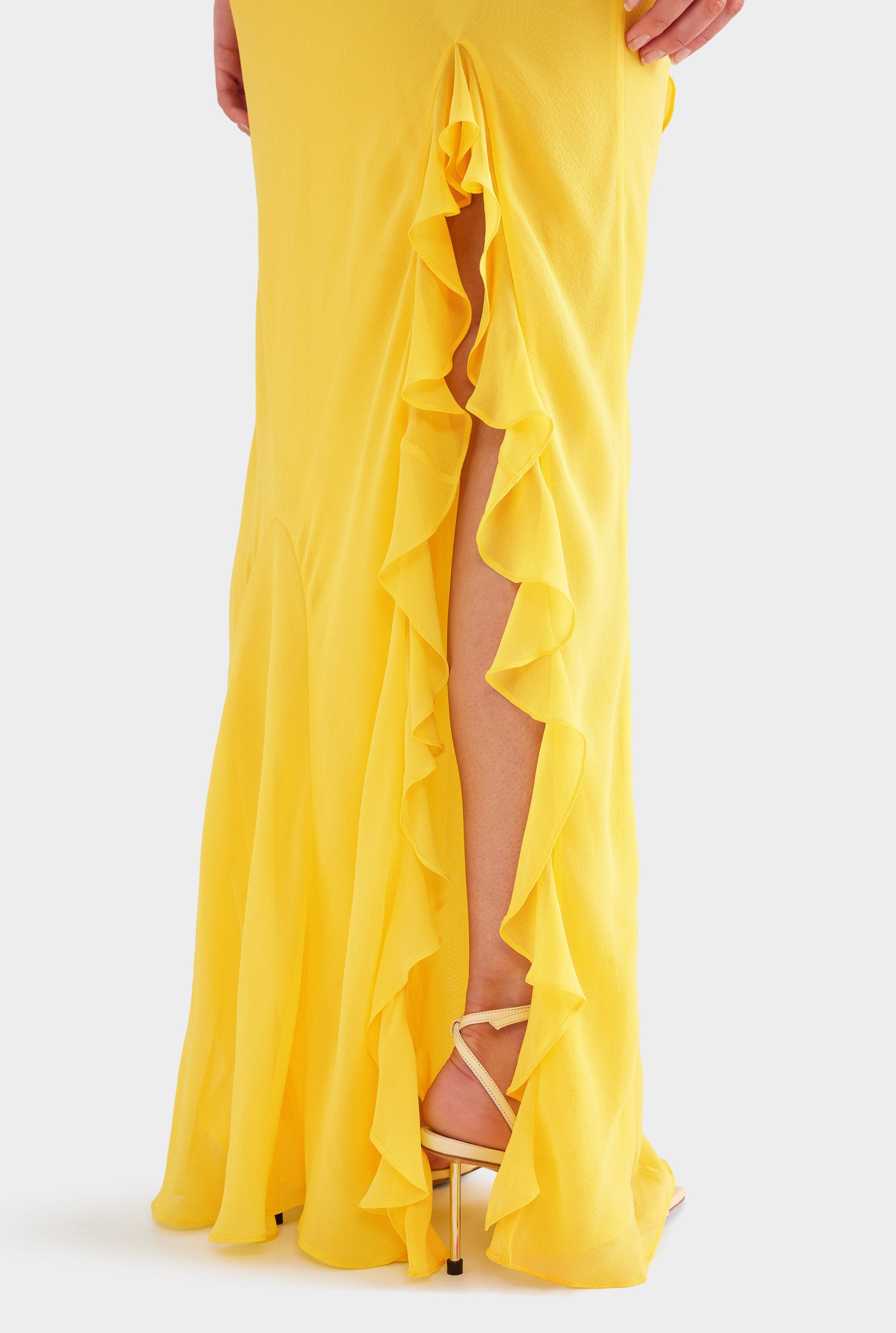 Asymmetric Low Back Silk Ruffle Dress - Yellow Gold
