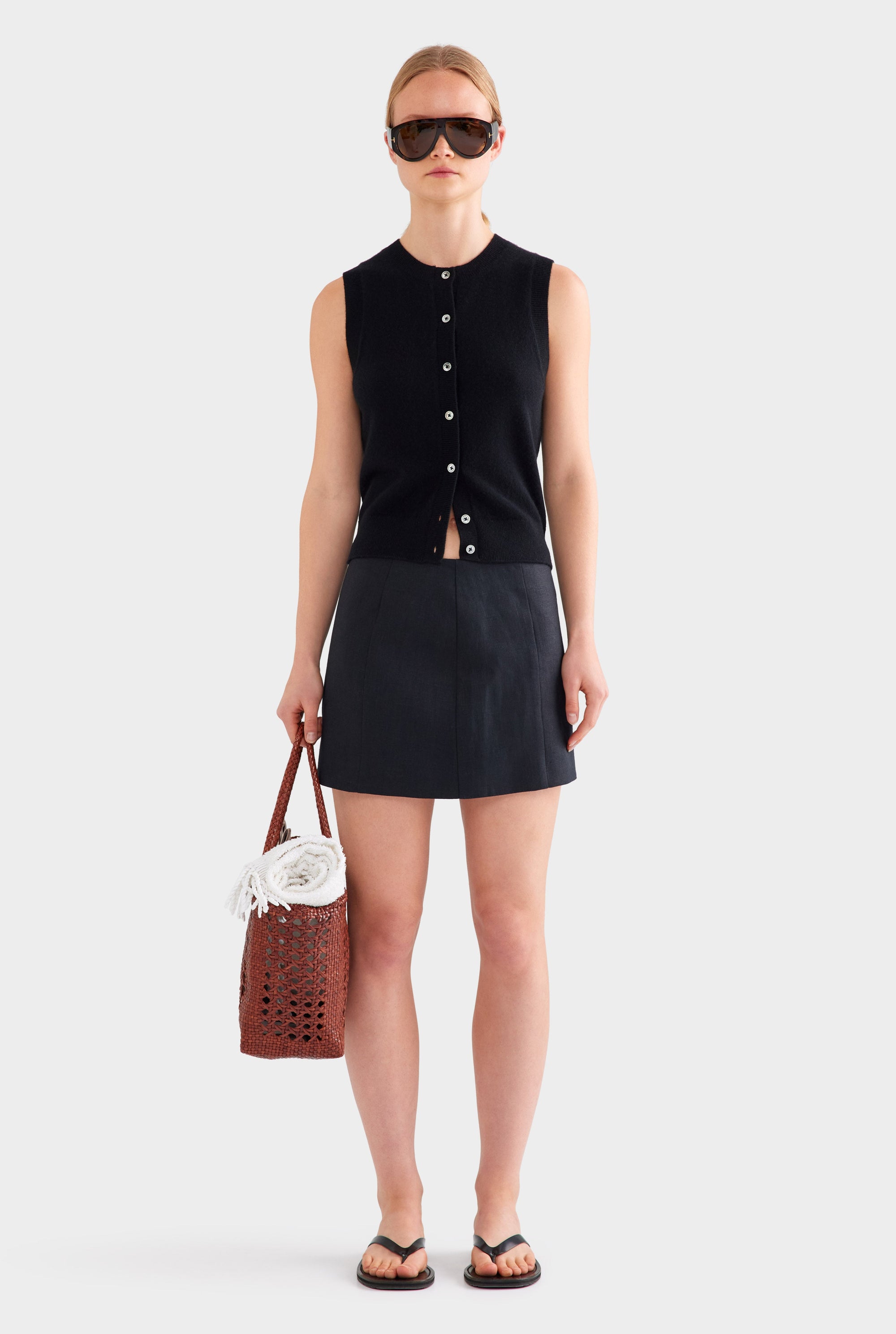 Cashmere Button Through Tank - Black