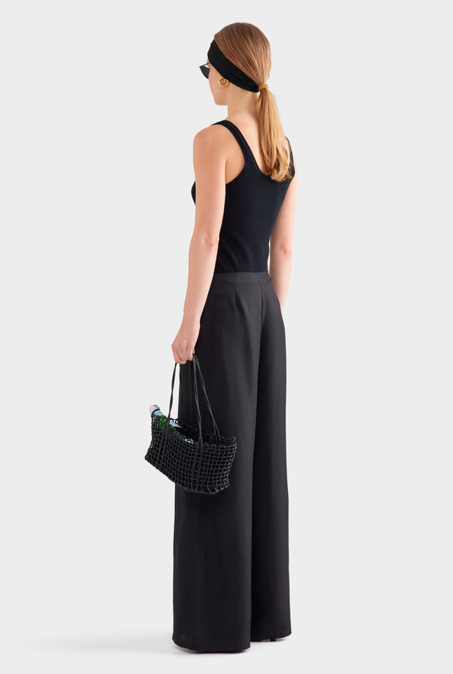 Relaxed Flat Front Silk Pant - Black