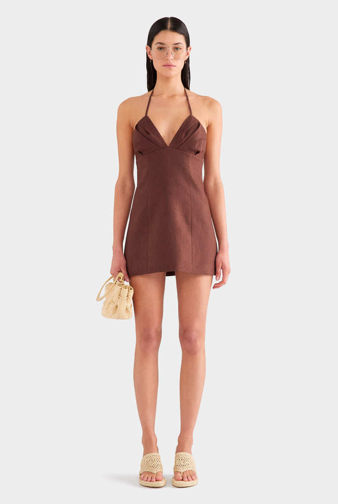 Halter Linen Mini Dress - Chocolate