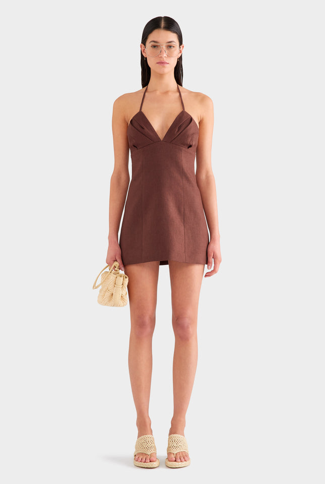 Halter Linen Mini Dress - Chocolate