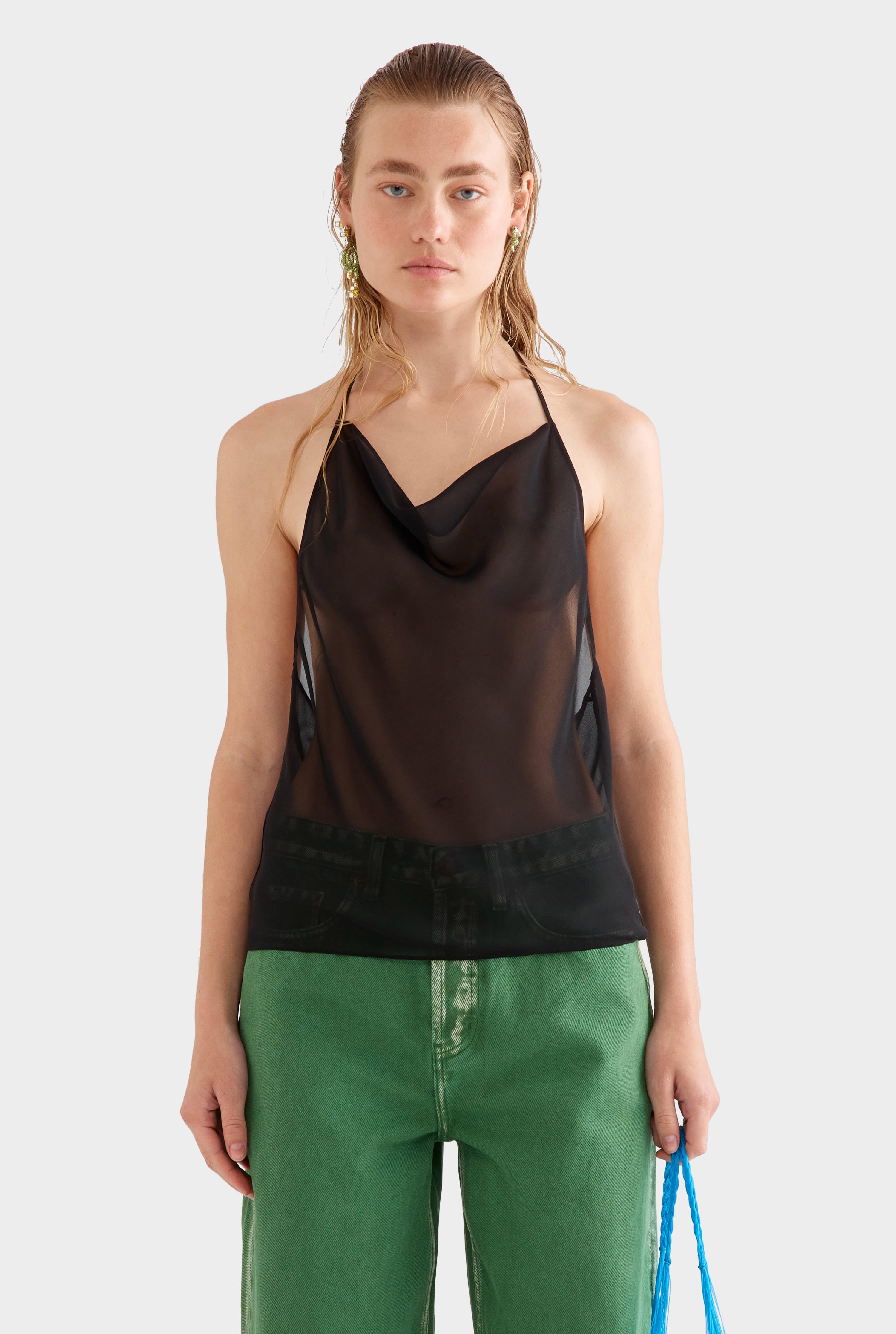 Sheer Silk Cowl Neck Halter Top -  Black