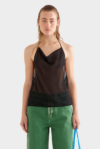 Sheer Silk Cowl Neck Halter Top - Black