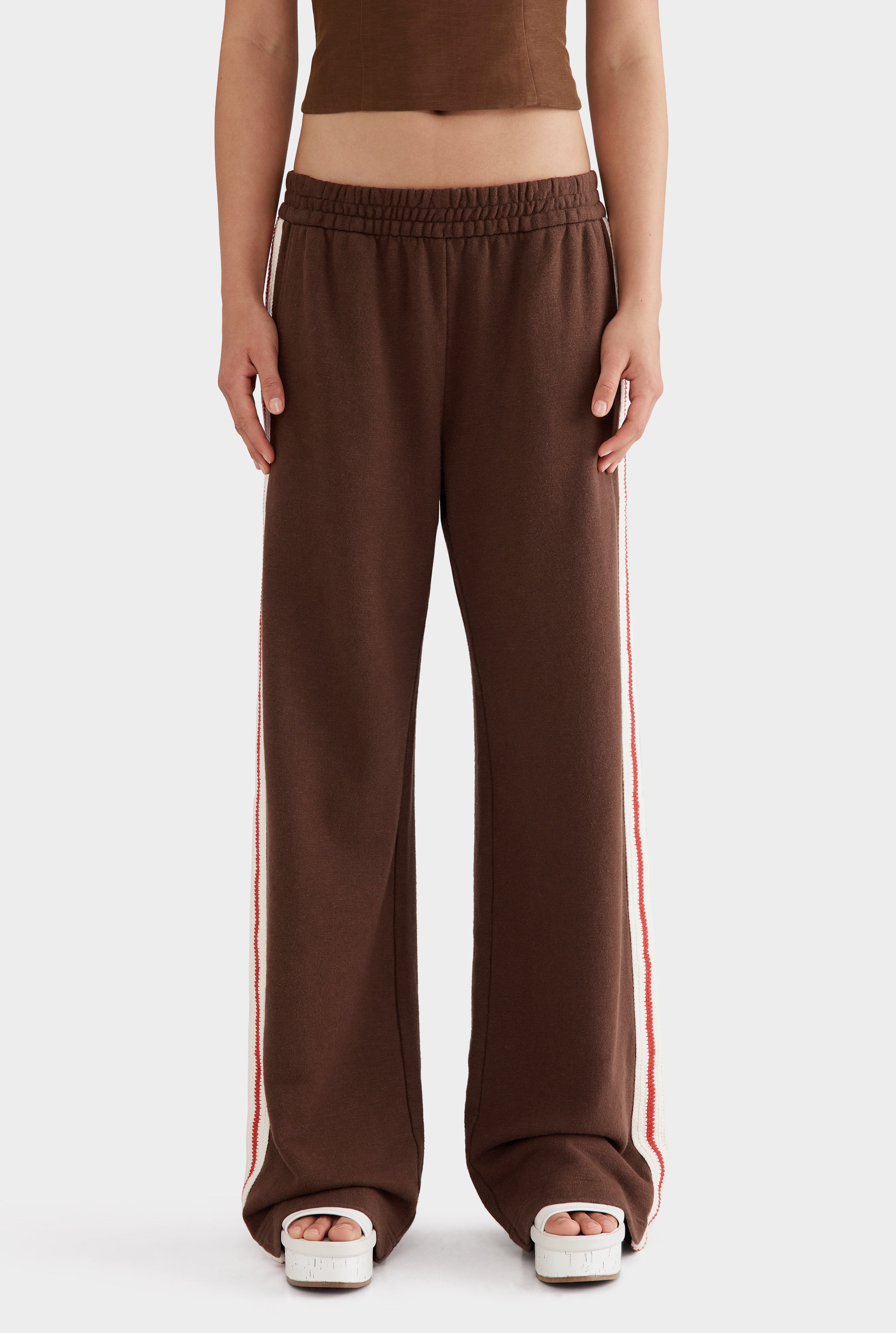 Organic Cotton Jersey Track Pant - Cocoa/Crochet Trim