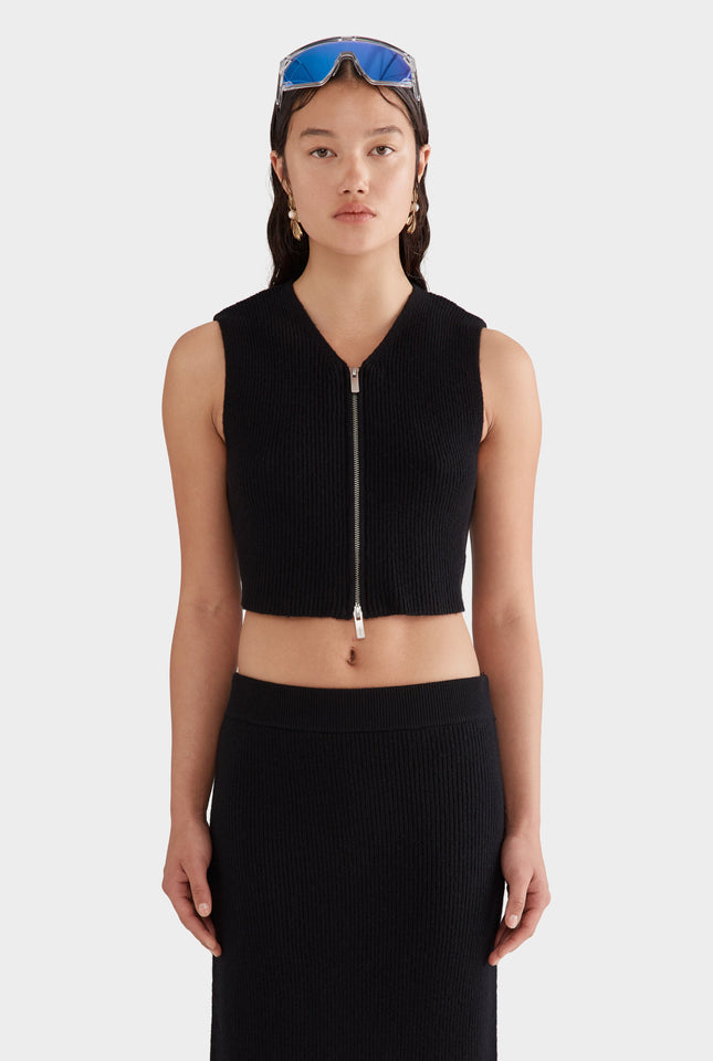 Wool Cropped Ribbed Zip Vest - Black