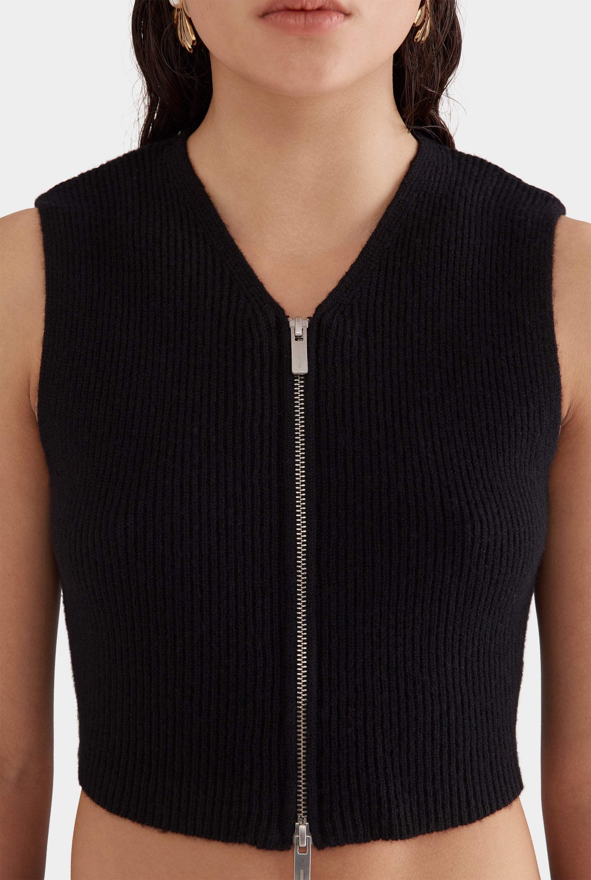 Wool Cropped Ribbed Zip Vest - Black