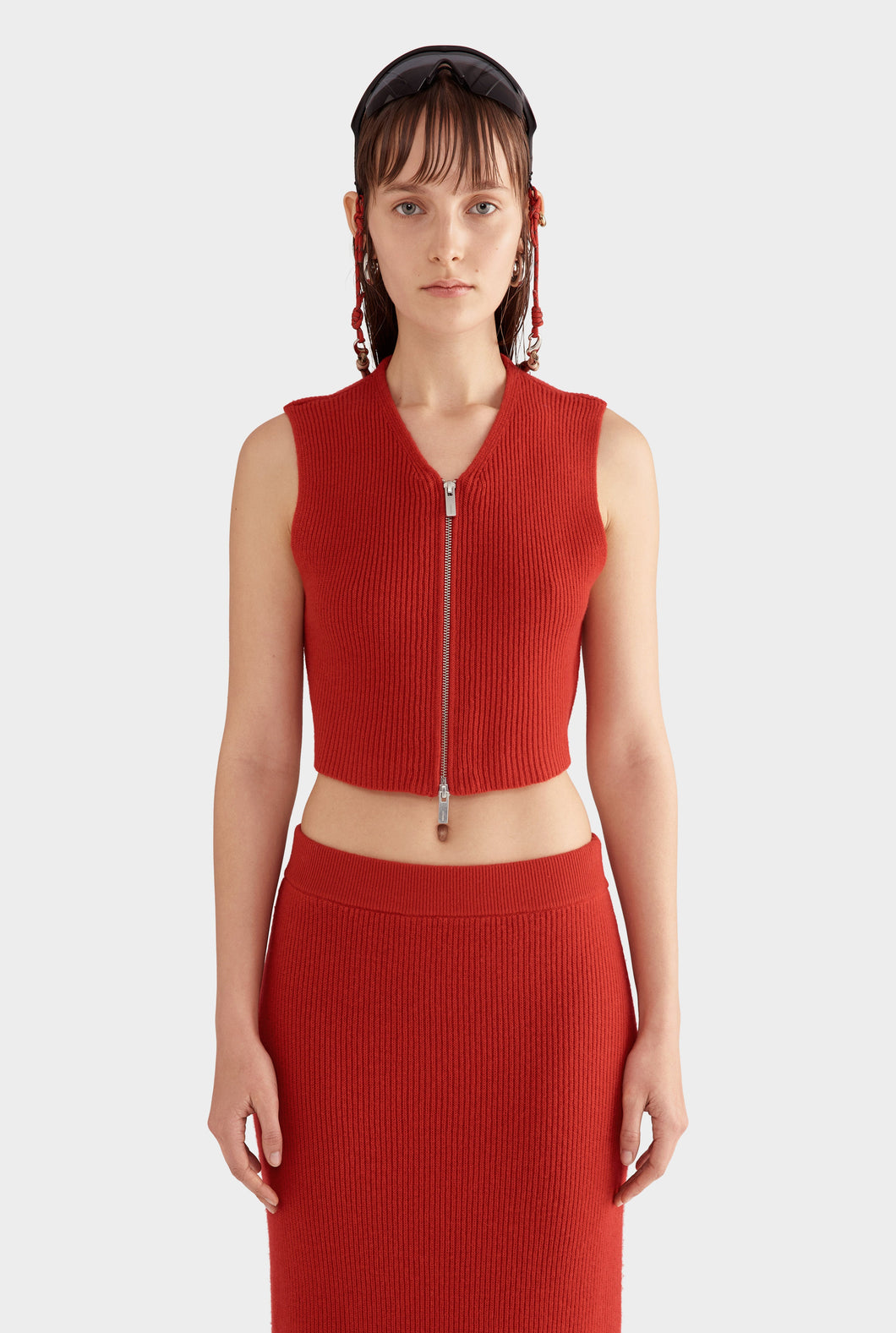 Wool Cropped Ribbed Zip Vest - Red