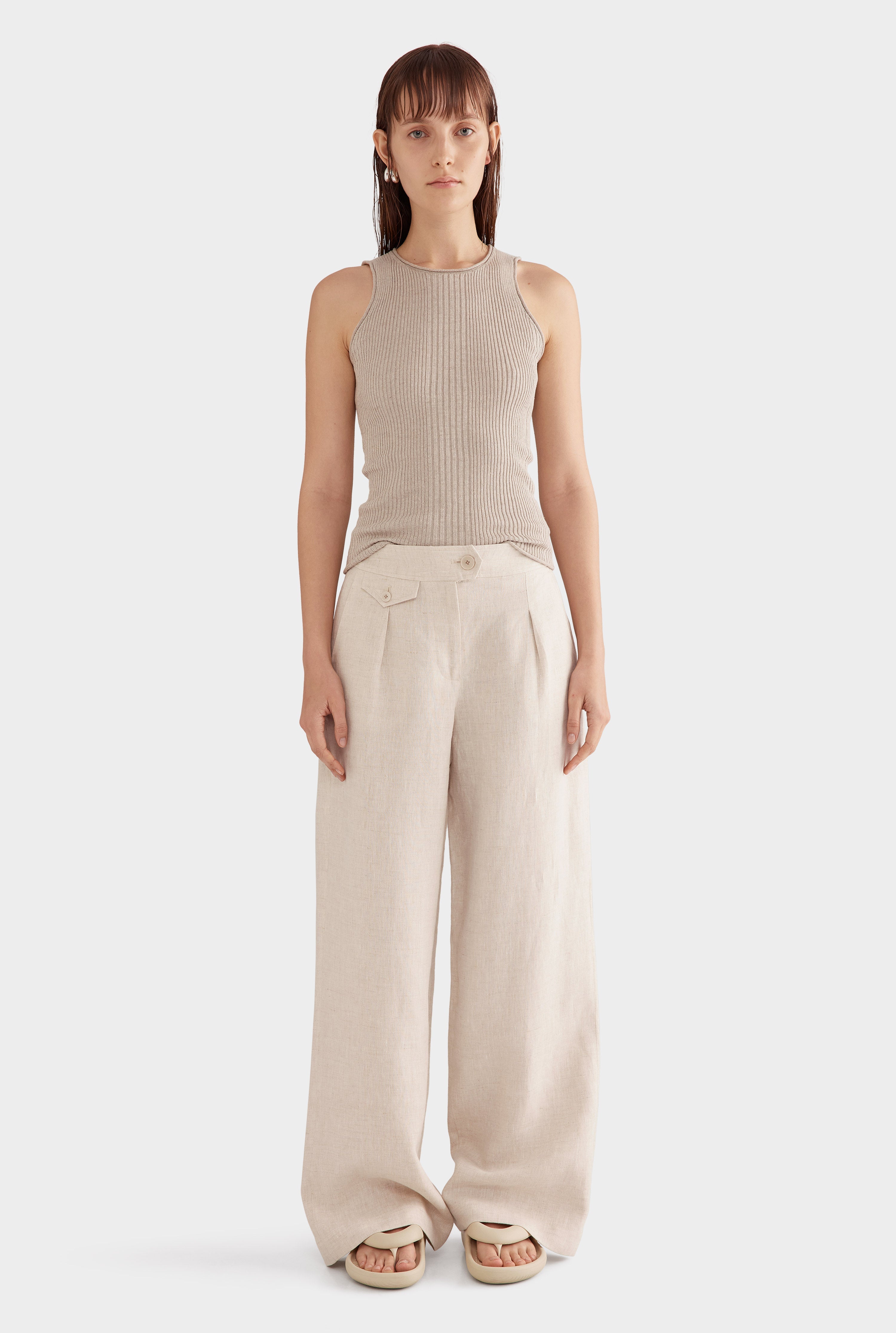 Fixed Waist Linen Trouser - Sand