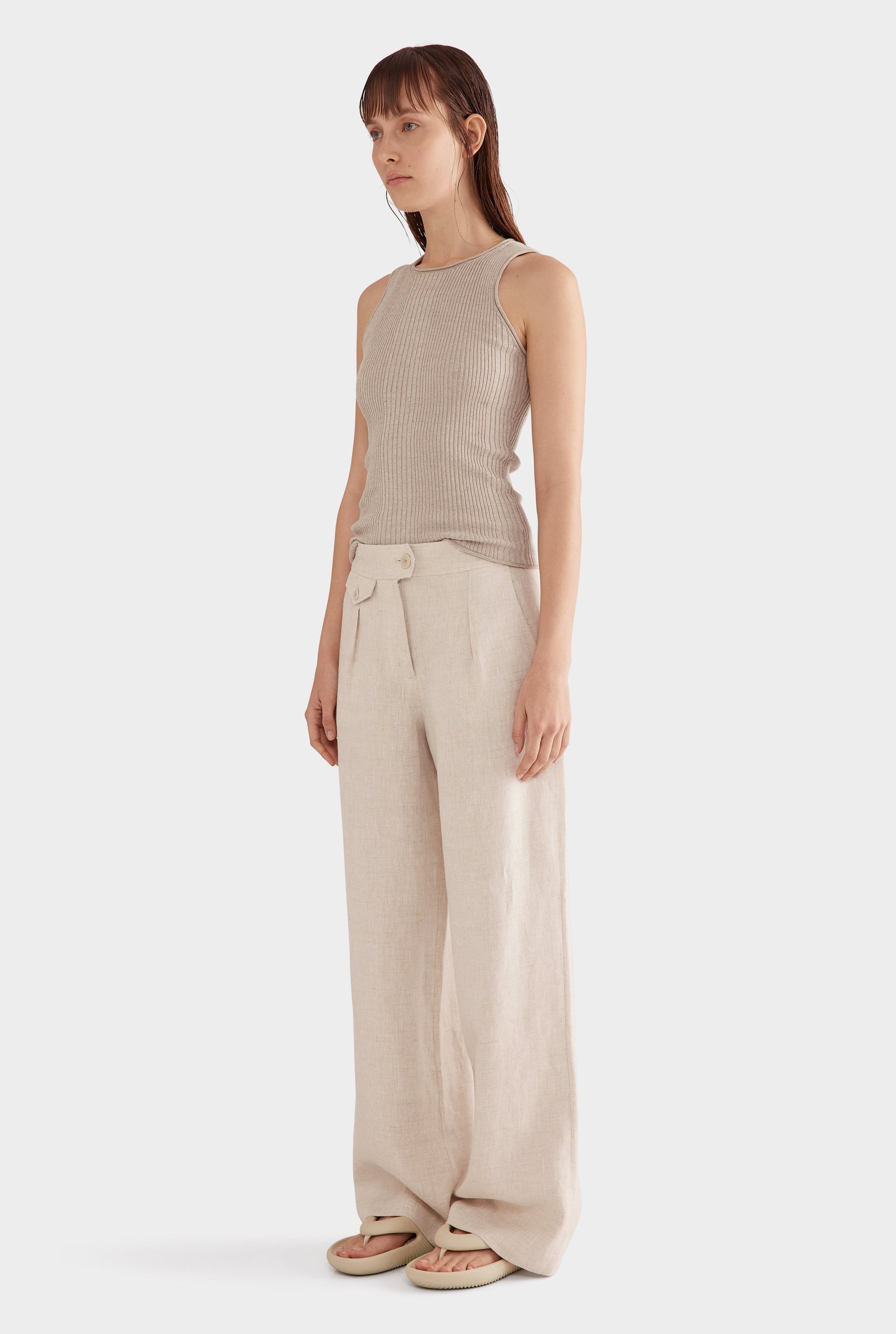 Fixed Waist Linen Trouser - Sand