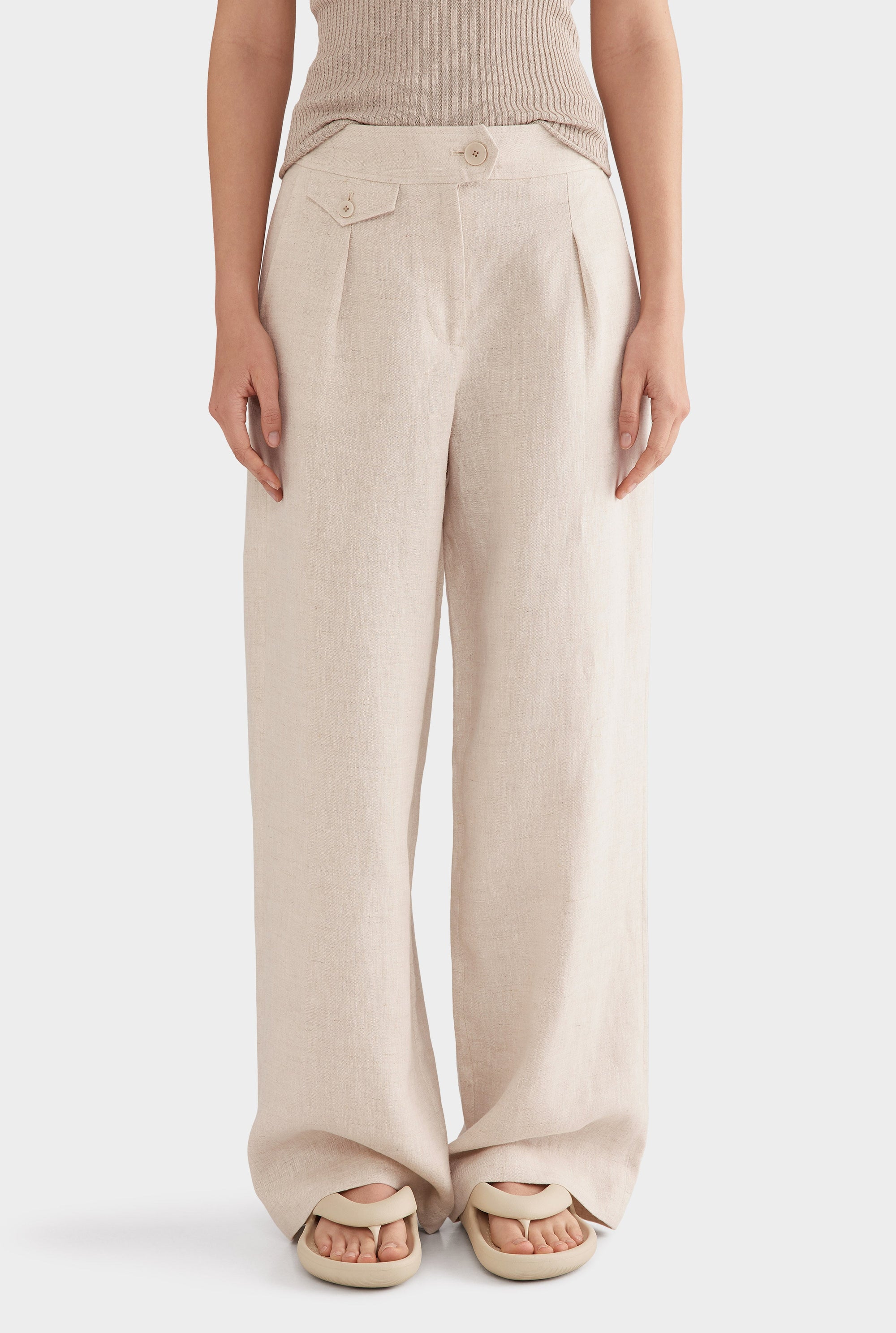 Fixed Waist Linen Trouser - Sand