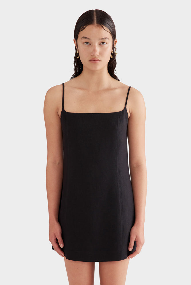 Linen Panelled Mini Dress - Black