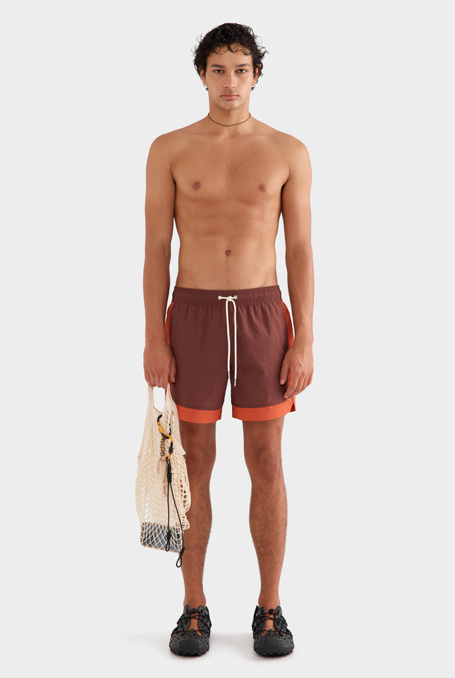 Contrast Border Swim Short - Raisin/Brick