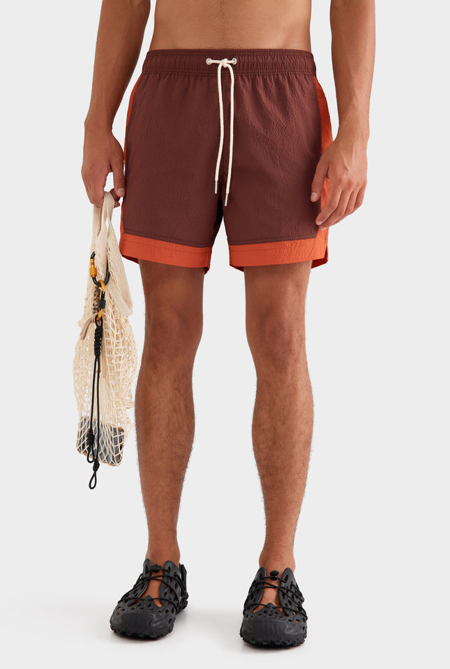 Contrast Border Swim Short - Raisin/Brick