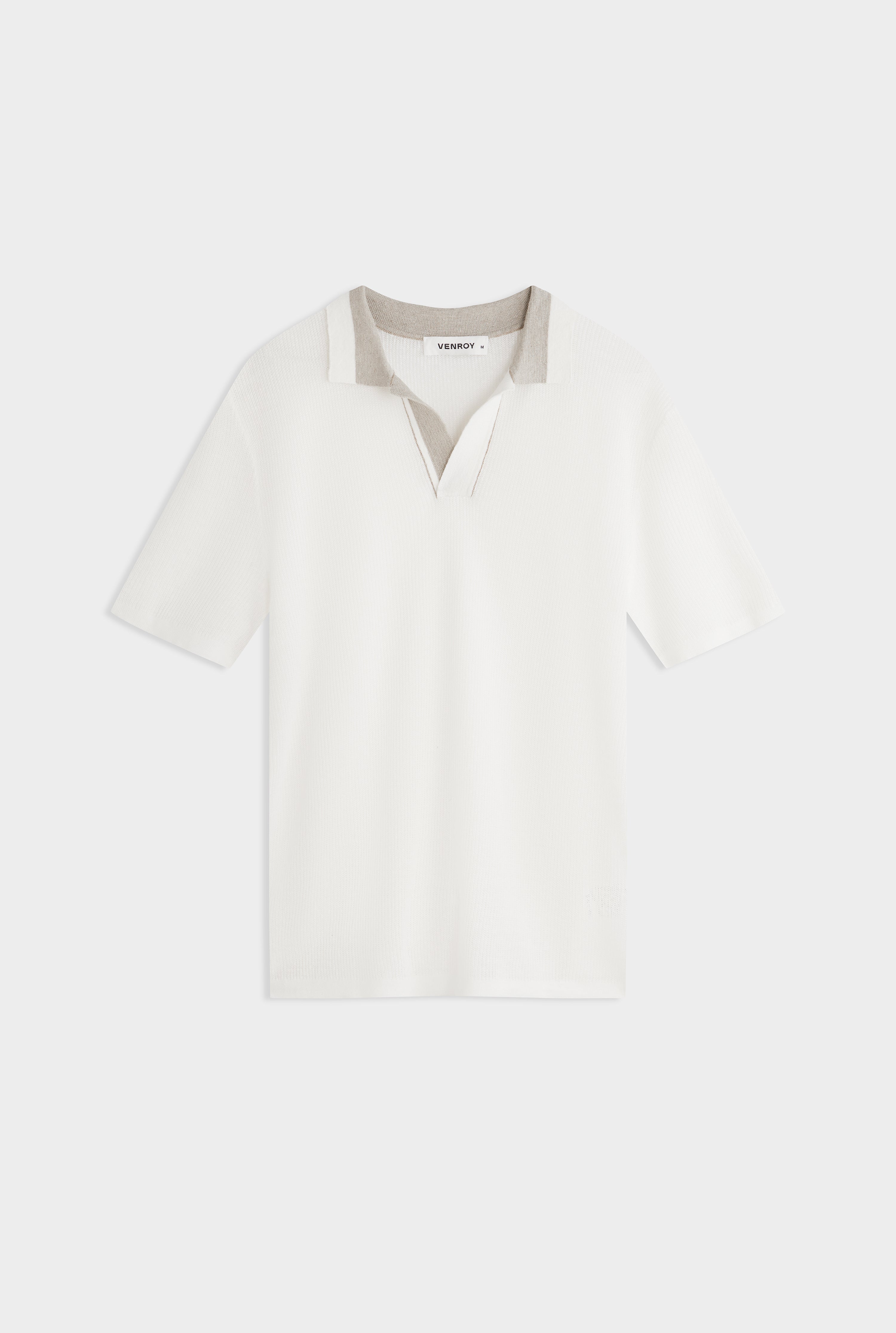 Contrast Rib Knit Open Neck Polo - Off White/taupe