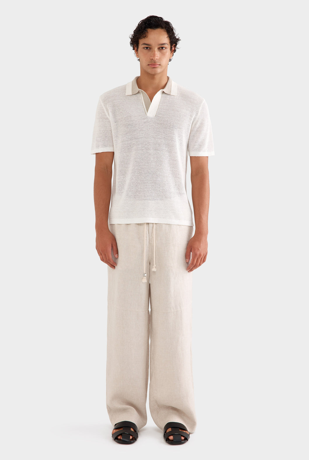 Contrast Rib Knit Open Neck Polo - Off White/taupe