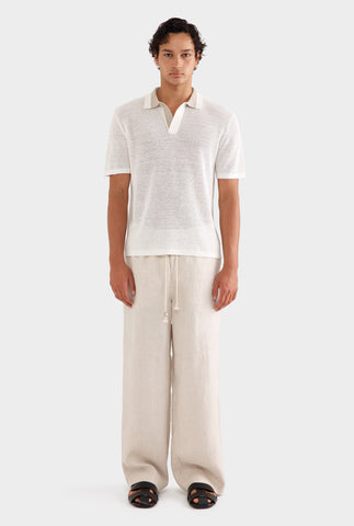 Contrast Rib Knit Open Neck Polo - Off White/taupe