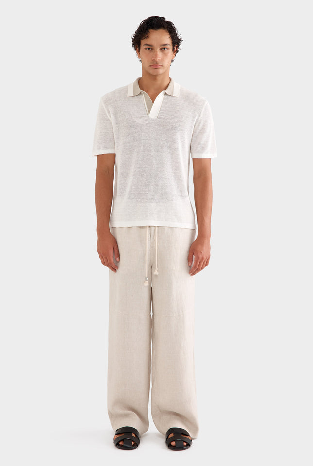 Contrast Rib Knit Open Neck Polo - Off White/taupe