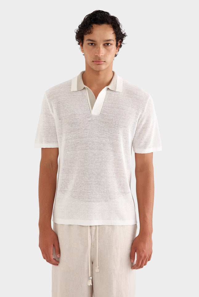 Contrast Rib Knit Open Neck Polo - Off White/taupe