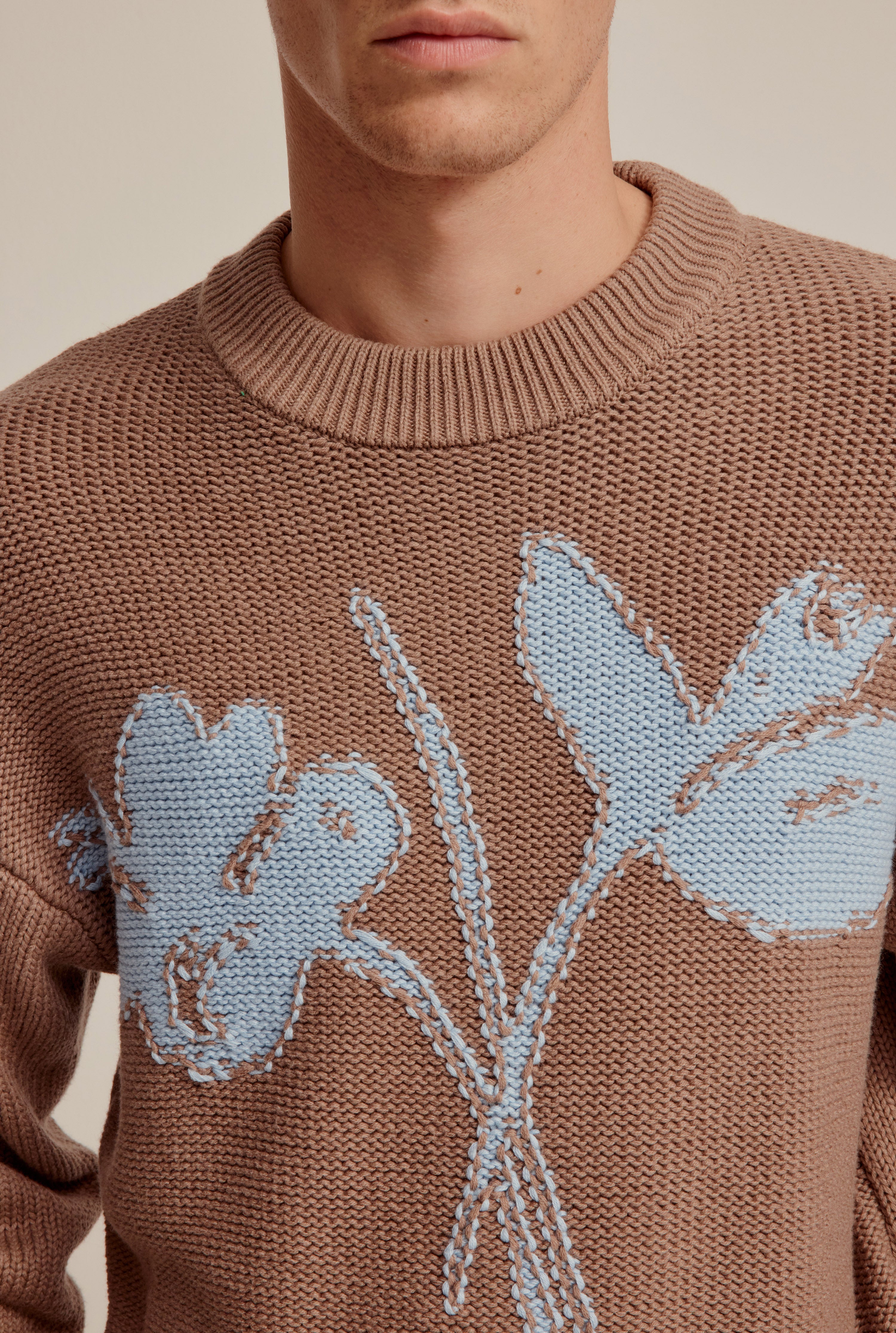 Cotton Cashmere Floral Intarsia Sweater - Brown/Blue