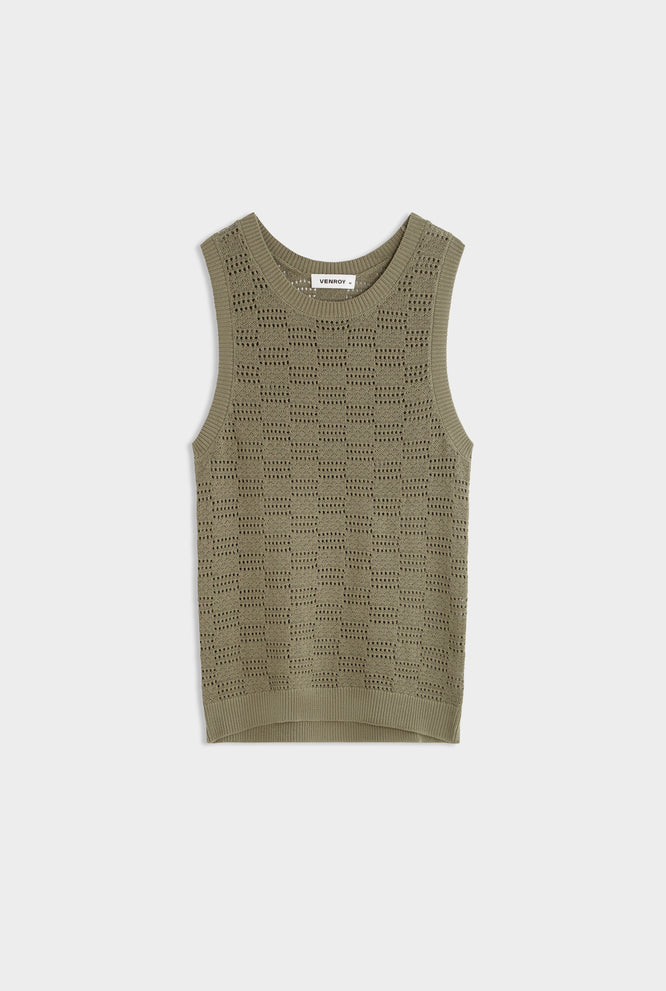 Cotton Crochet Check Tank - Dried Moss