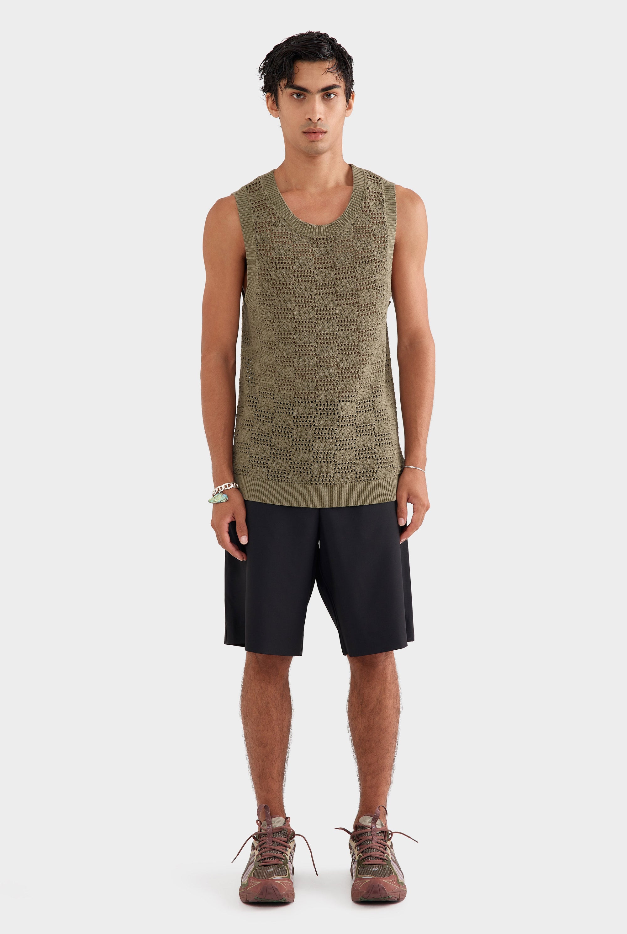 Cotton Crochet Check Tank - Dried Moss