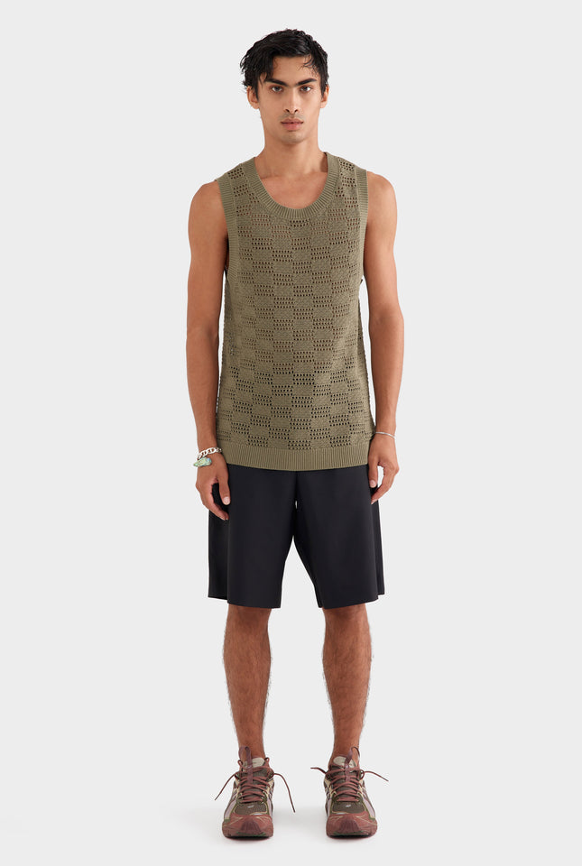 Cotton Crochet Check Tank - Dried Moss