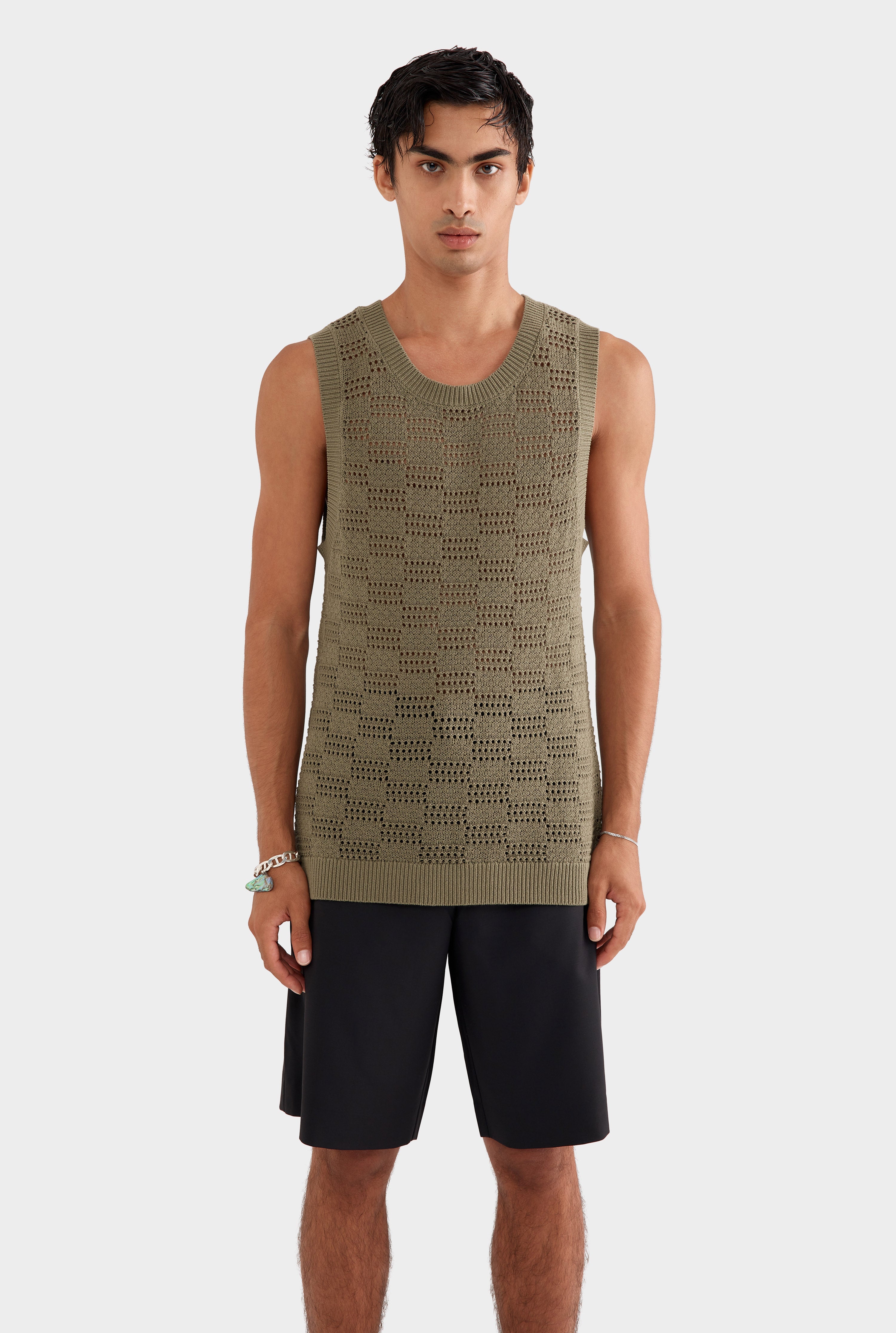 Cotton Crochet Check Tank - Dried Moss