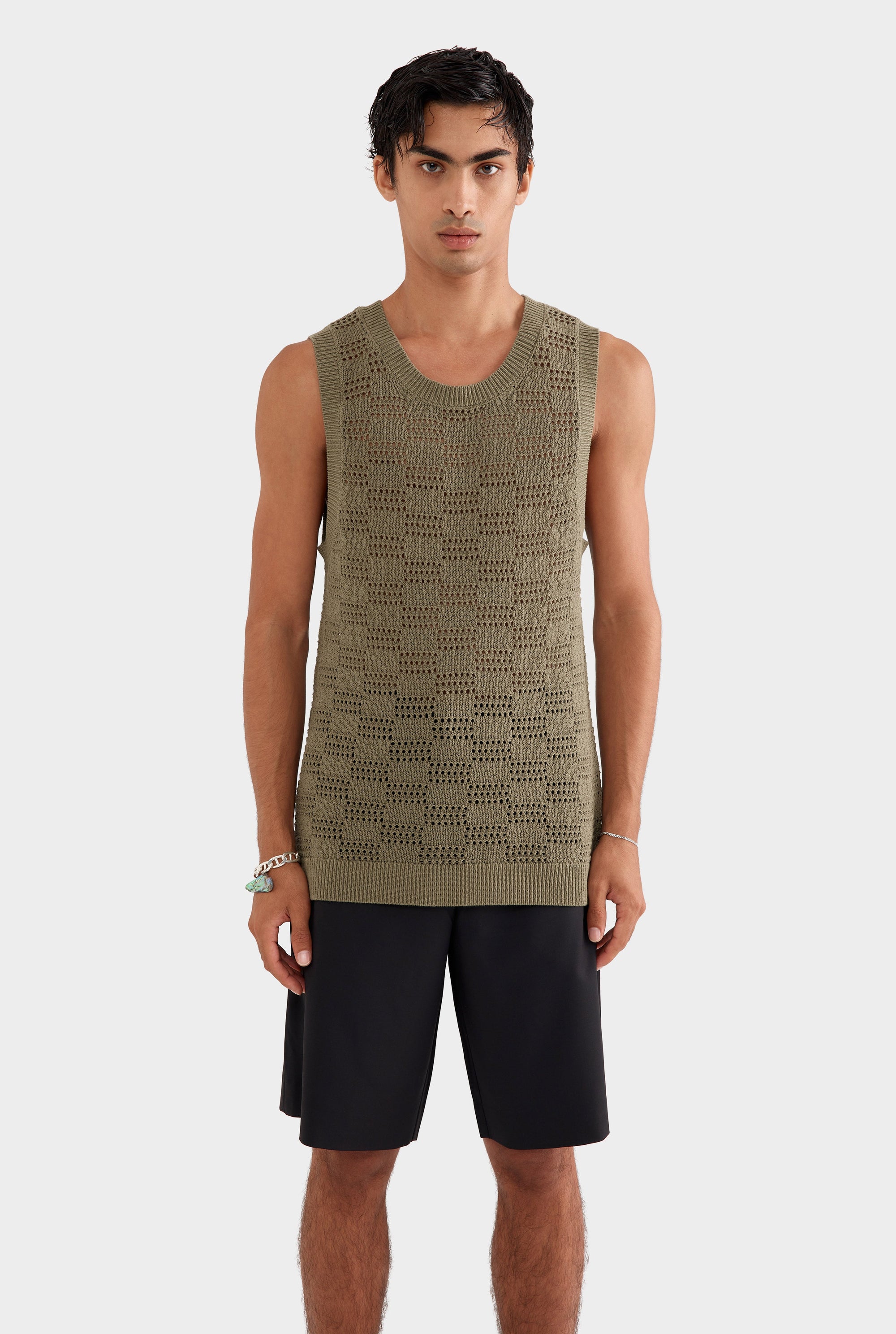 Cotton Crochet Check Tank - Dried Moss