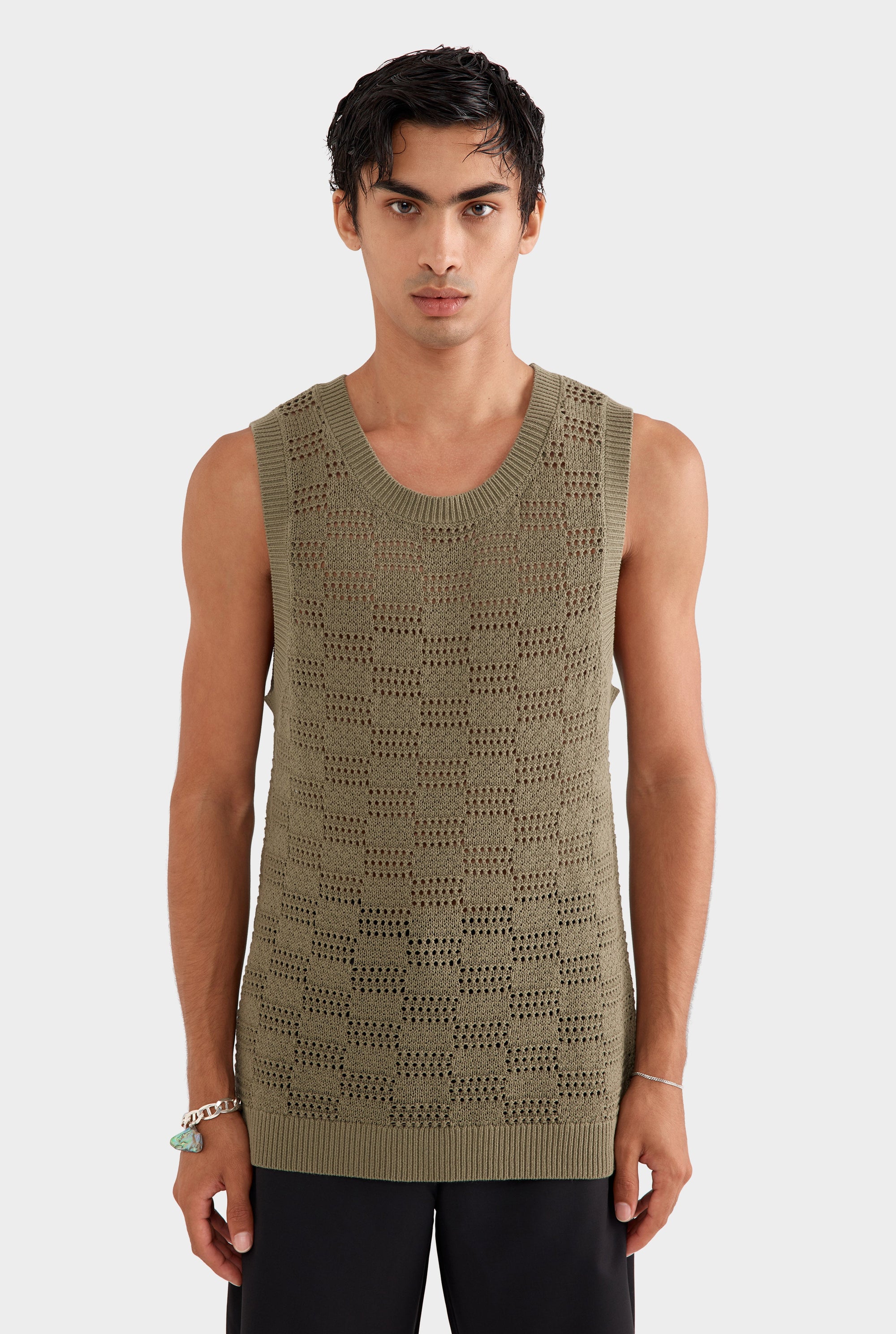 Cotton Crochet Check Tank - Dried Moss