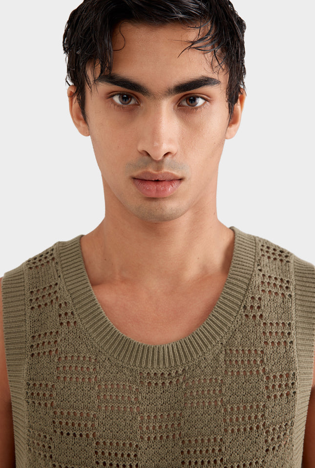 Cotton Crochet Check Tank - Dried Moss