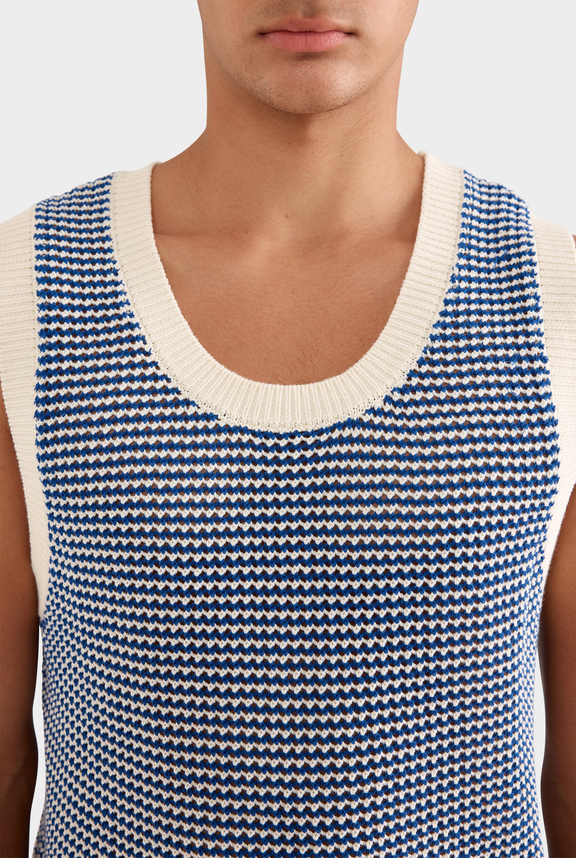 Cotton Crochet Tank - Cream/Blue