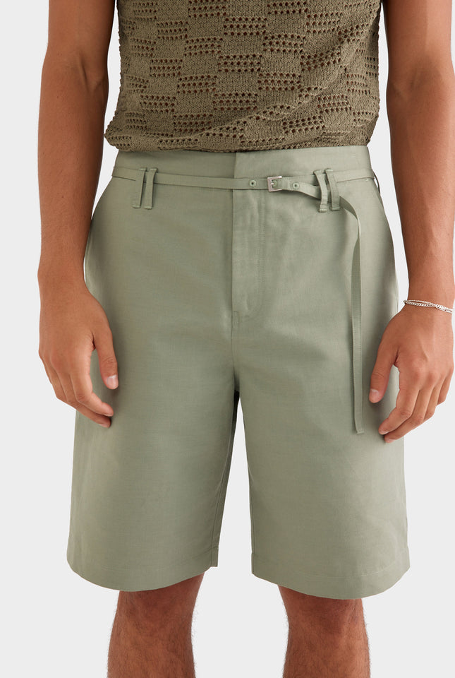 Cotton Twill Belt Detail Short - Deep Sage