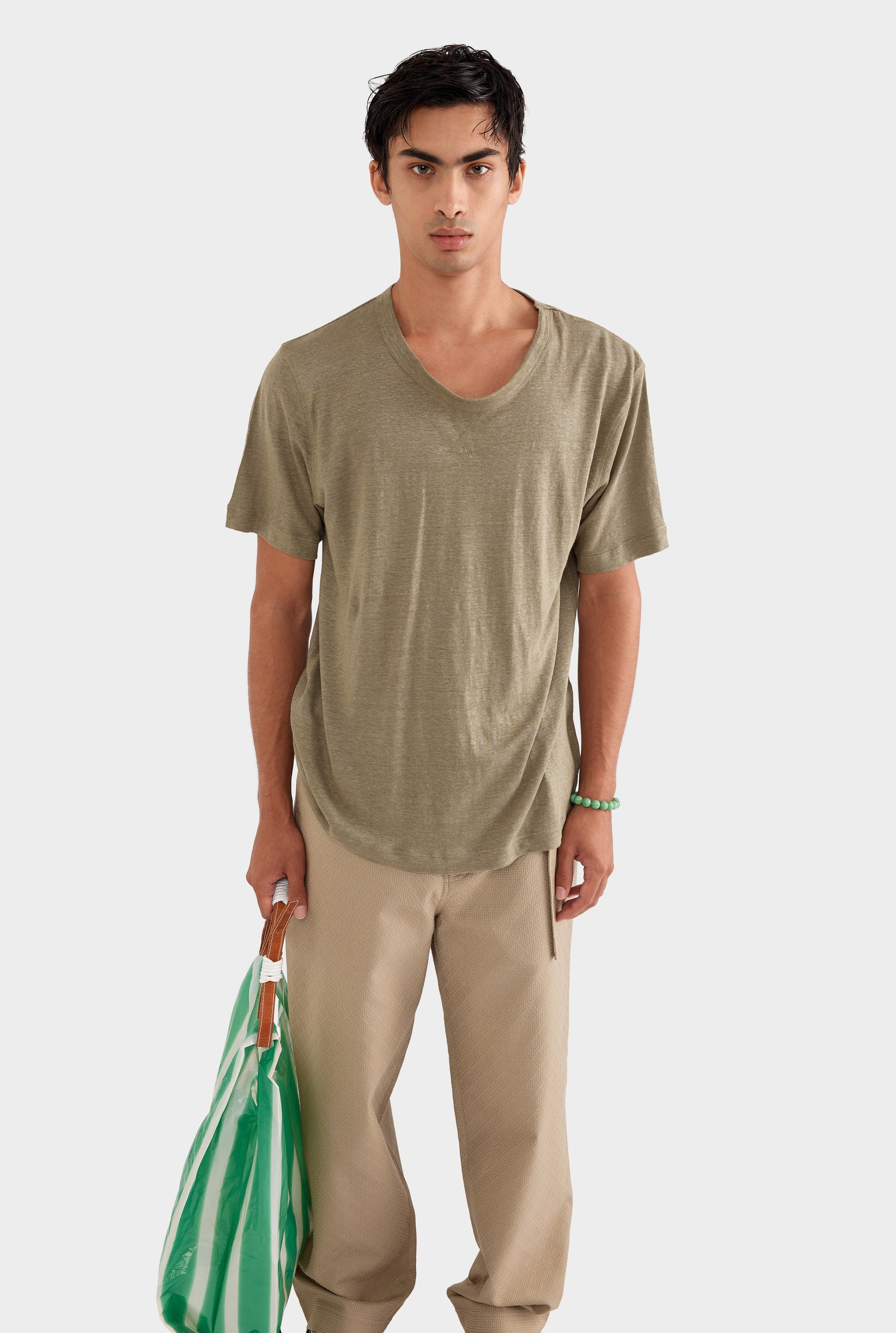 Coverstitch Linen T-Shirt - Dried Moss