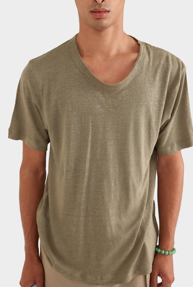 Coverstitch Linen T-Shirt - Dried Moss