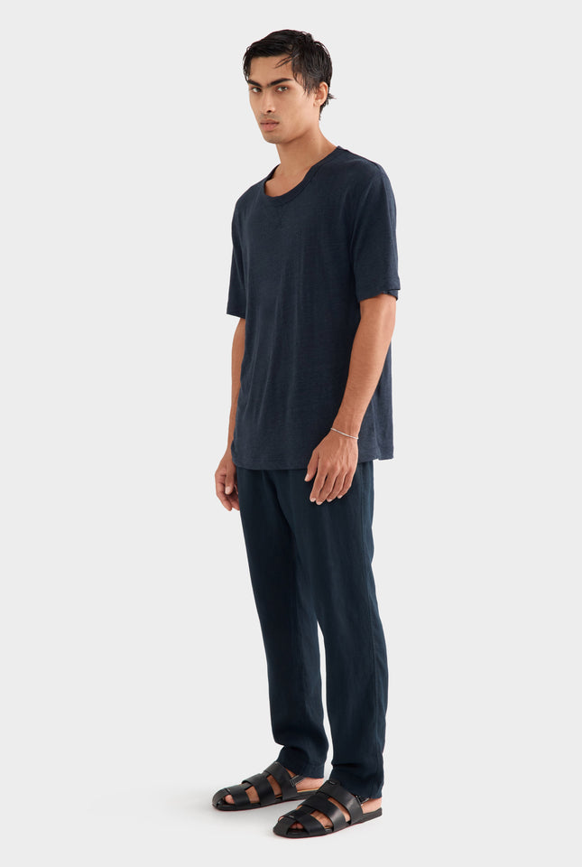 Coverstitch Linen T-Shirt - Navy