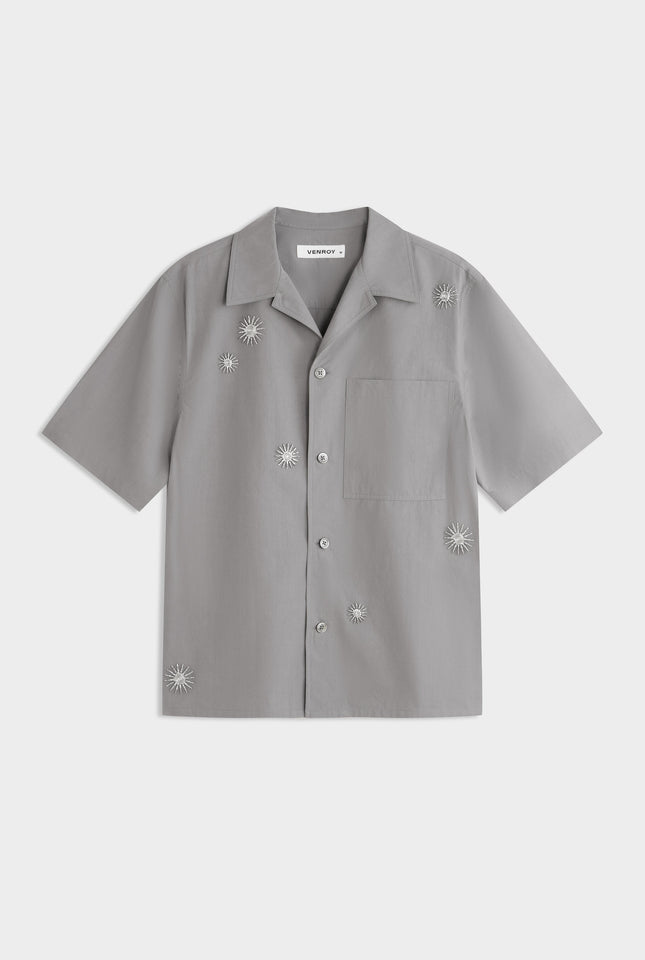 Embellished Relaxed Cotton Camp Collar Shirt - Steel Grey