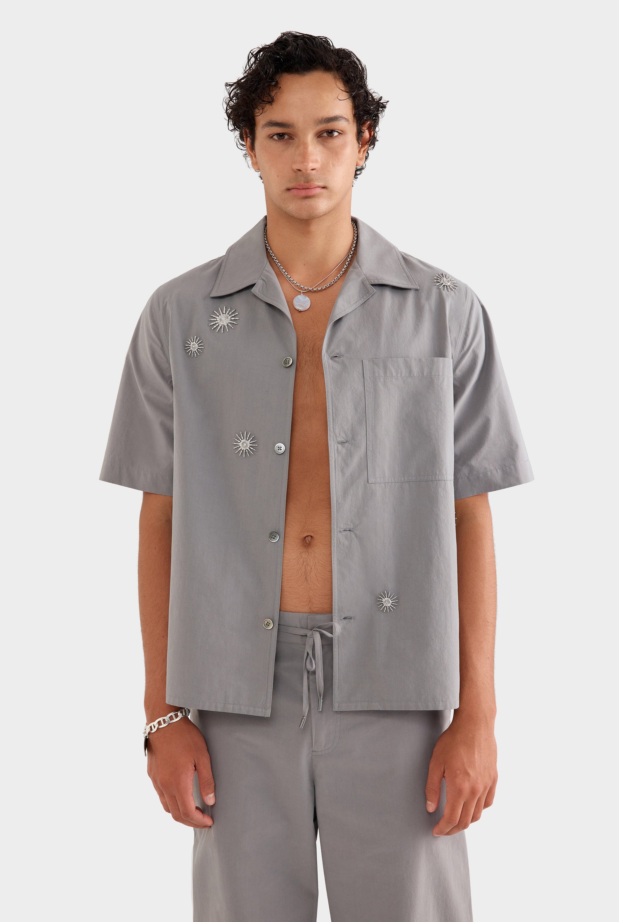 Embellished Relaxed Cotton Camp Collar Shirt - Steel Grey