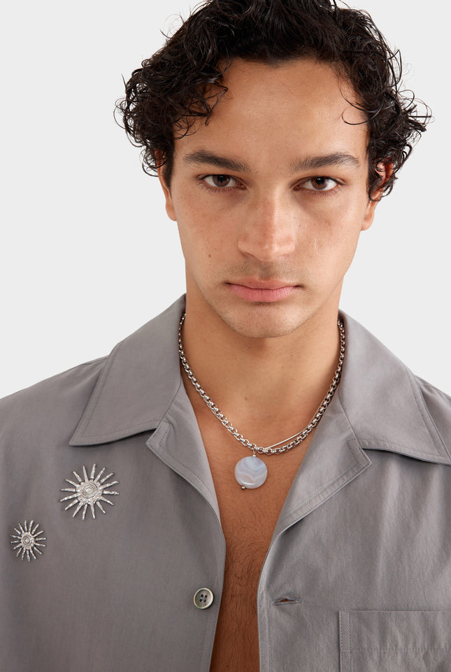 Embellished Relaxed Cotton Camp Collar Shirt - Steel Grey