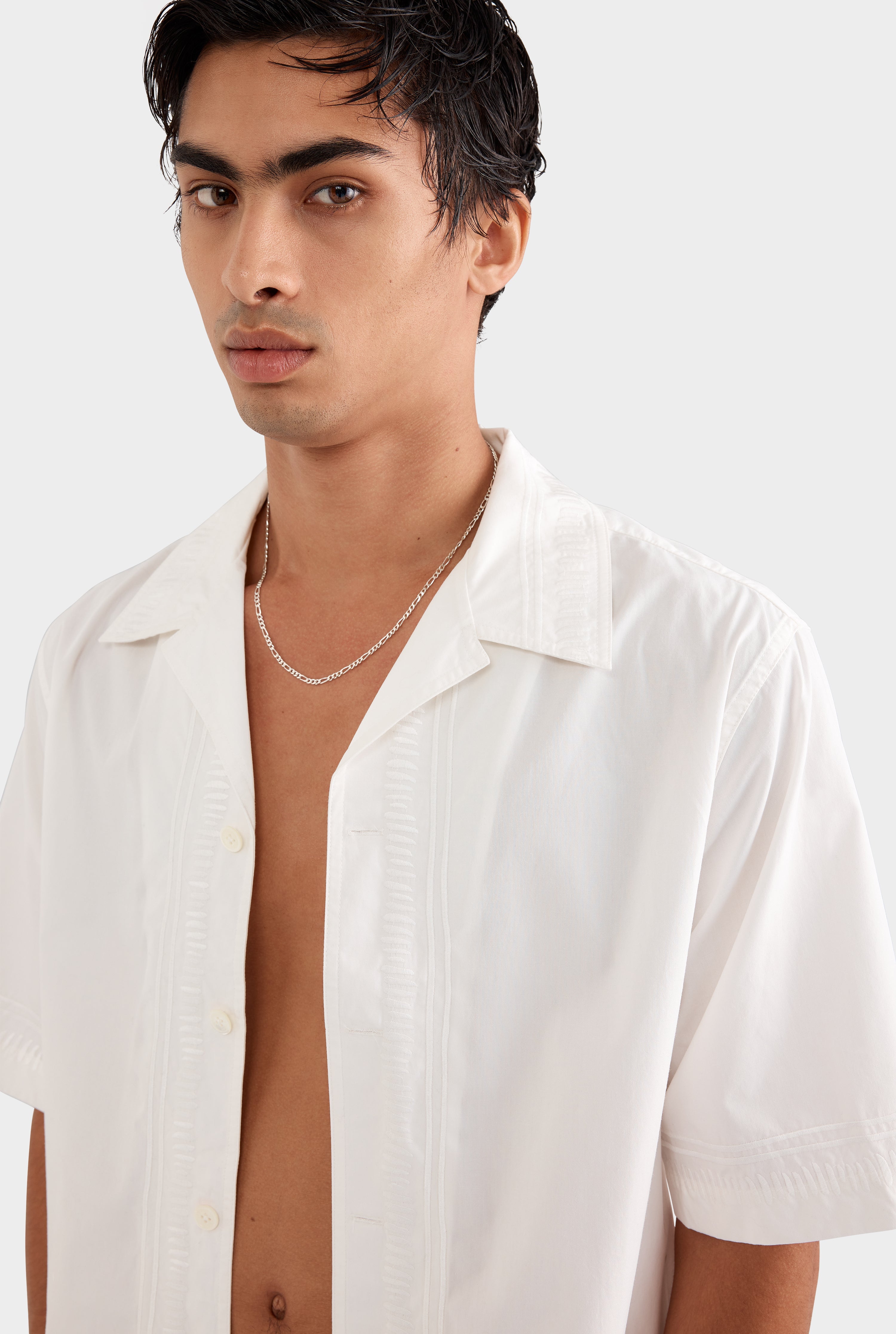 Embroidered Relaxed Cotton Camp Collar Shirt - Off White