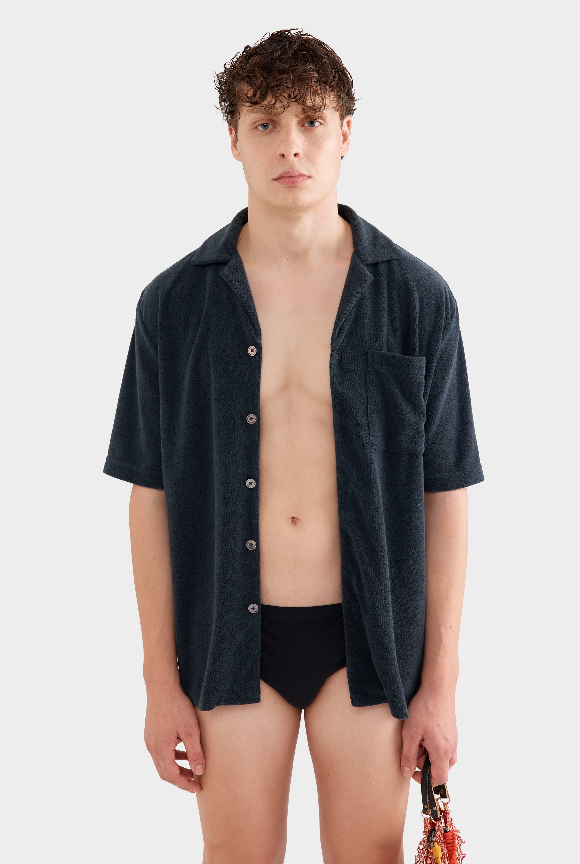 Flat Hem Terry Camp Collar Shirt - Navy