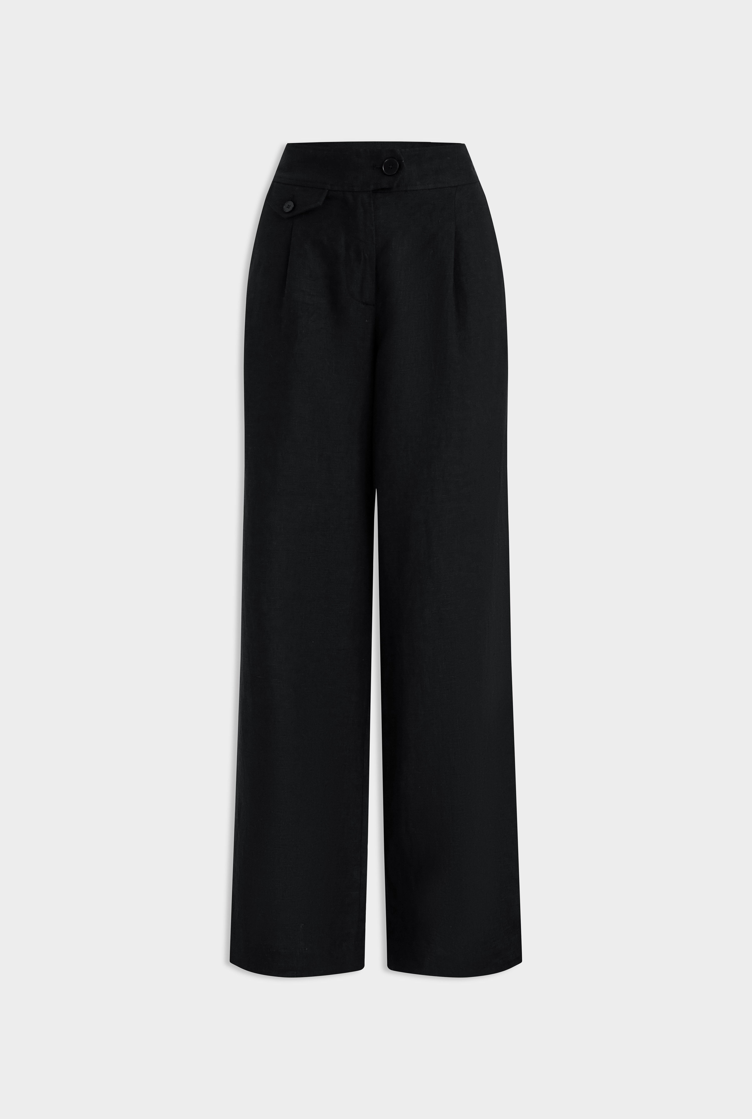 Fixed Waist Linen Trouser - Black