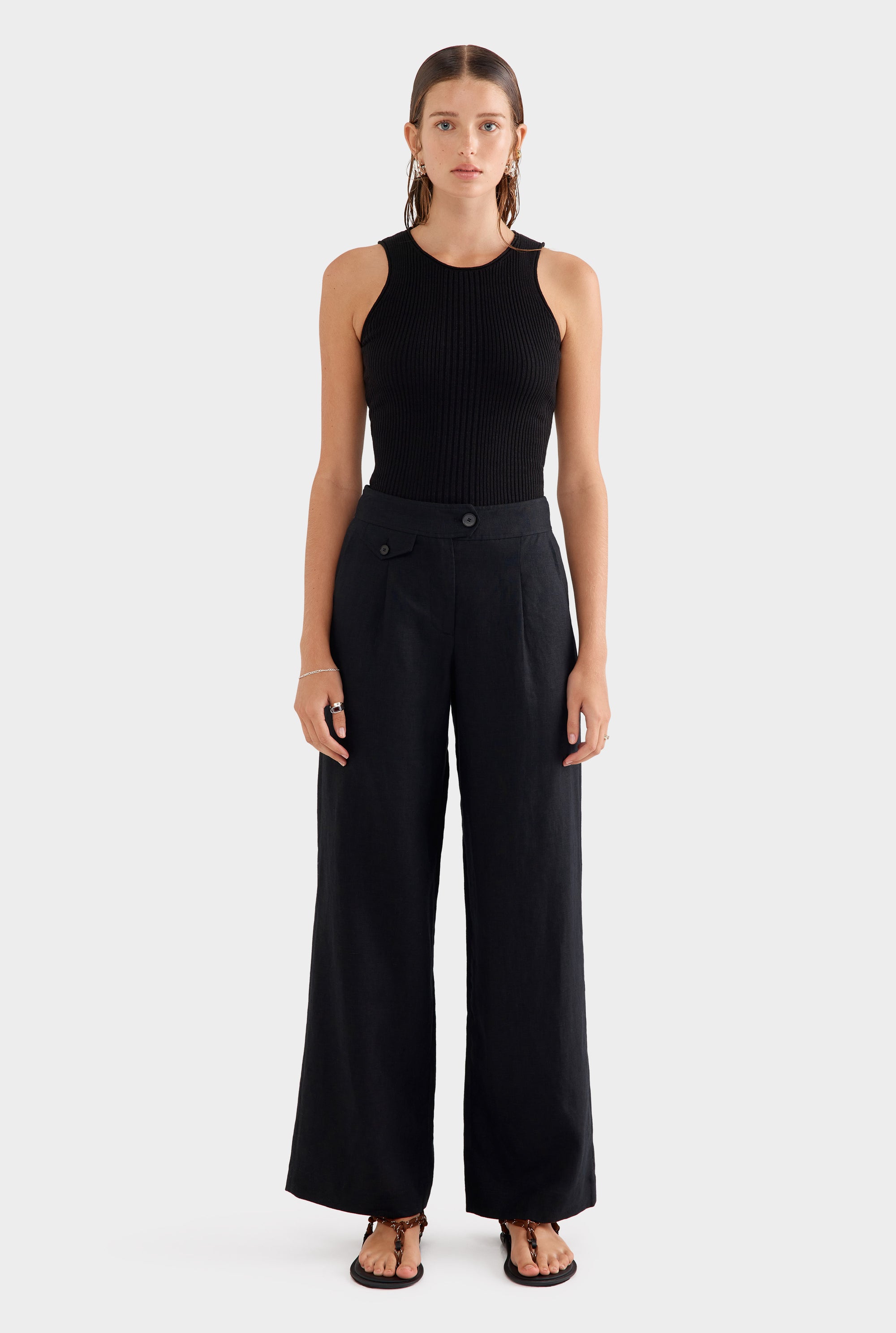 Fixed Waist Linen Trouser - Black