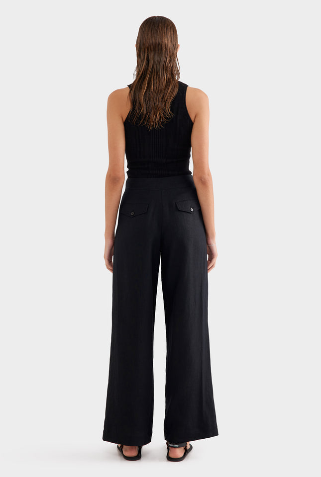 Fixed Waist Linen Trouser - Black