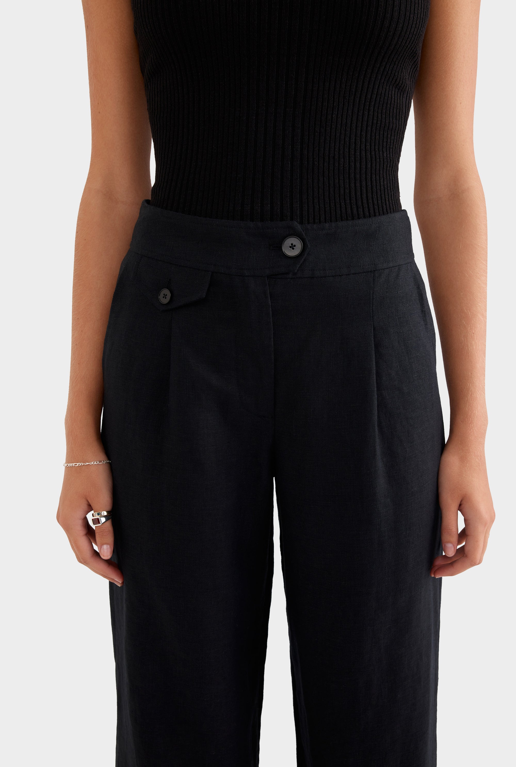 Fixed Waist Linen Trouser - Black