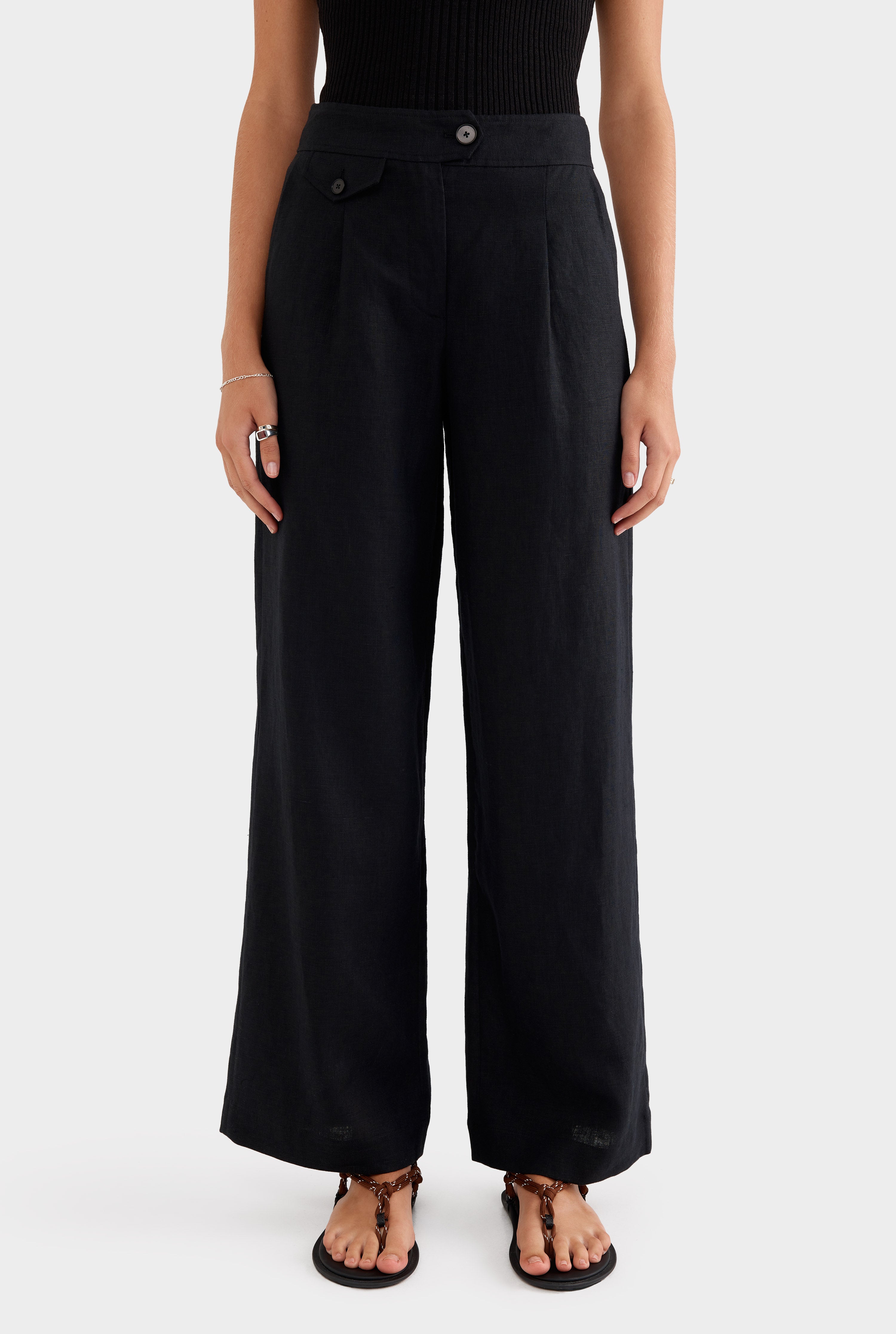 Fixed Waist Linen Trouser - Black