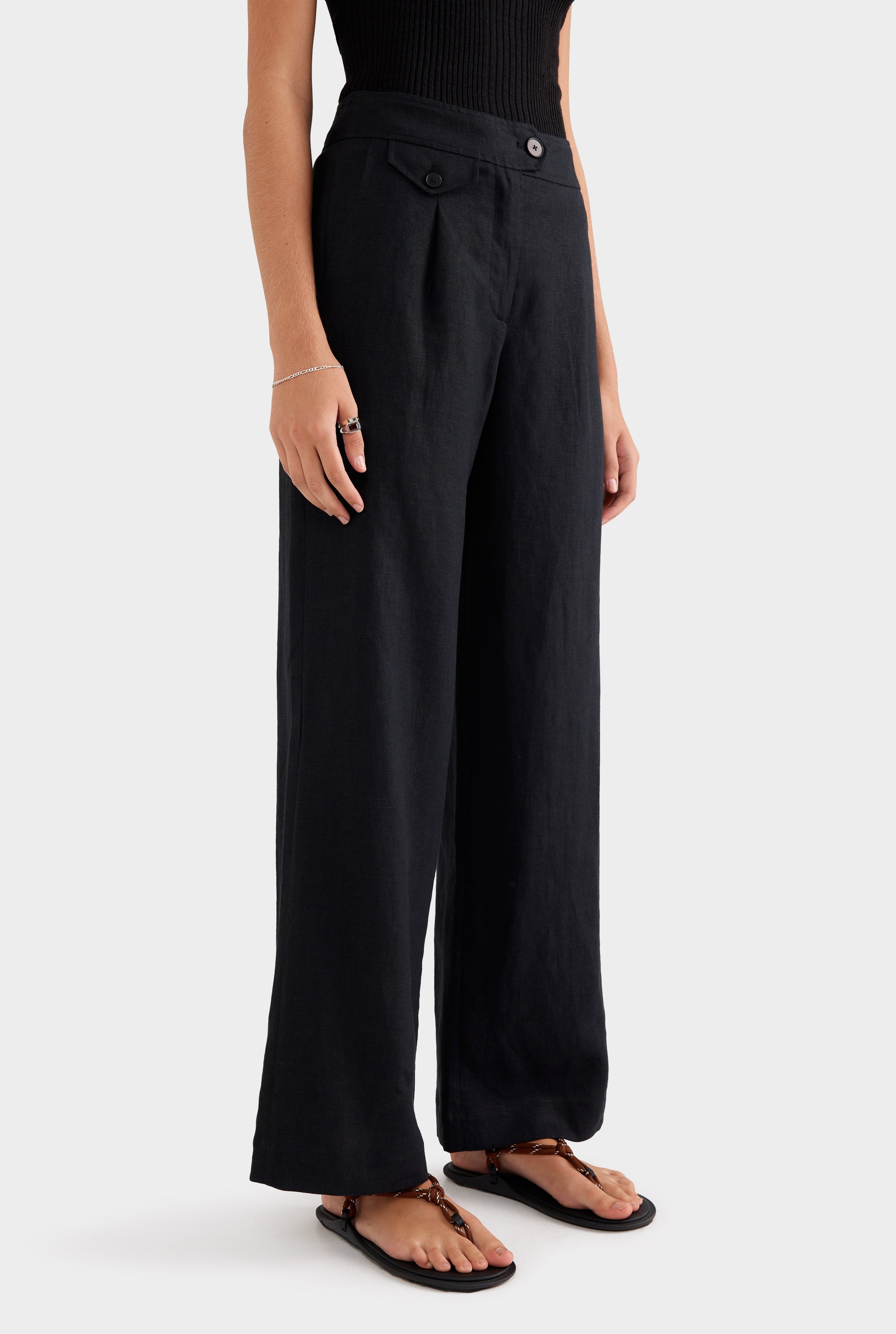 Fixed Waist Linen Trouser - Black