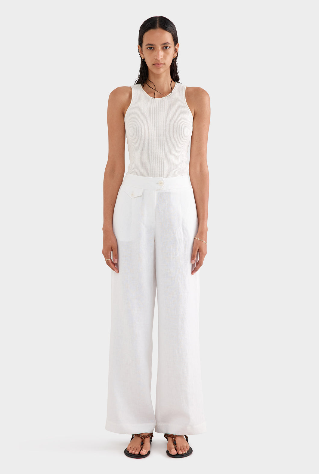 Fixed Waist Linen Trouser - White