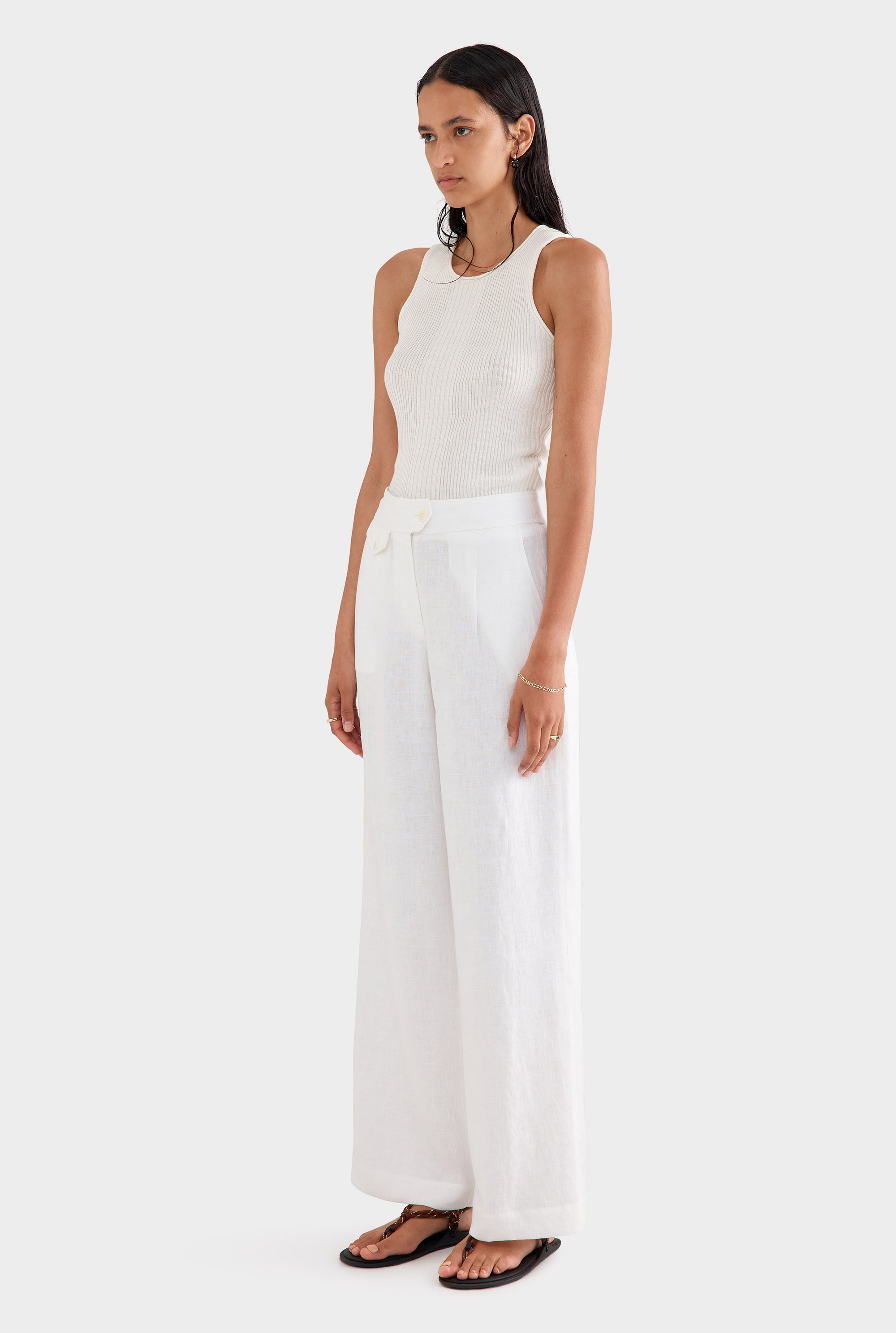 Fixed Waist Linen Trouser - White